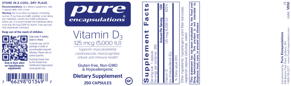 Pure Encapsulations Vitamin D3 125mcg (5,000IU)