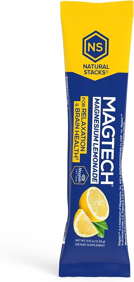 MagTech Magnesium Lemonade Drink Mix - Chelated Magnesium Complex - 3 Forms of Magnesium: Magtein Magnesium L-Threonate, Glycinate & Taurate, 20 Stick Packs