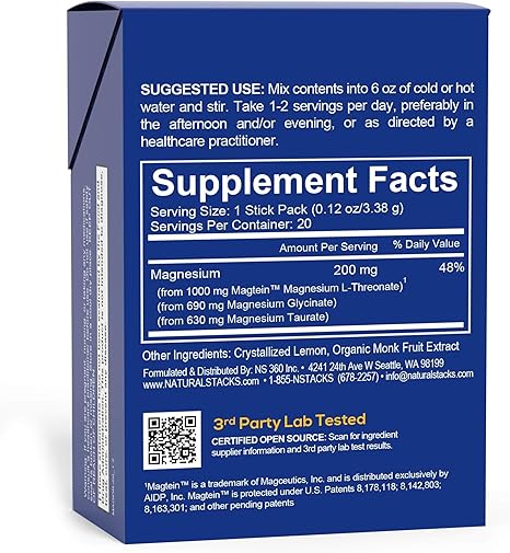 MagTech Magnesium Lemonade Drink Mix - Chelated Magnesium Complex - 3 Forms of Magnesium: Magtein Magnesium L-Threonate, Glycinate & Taurate, 20 Stick Packs