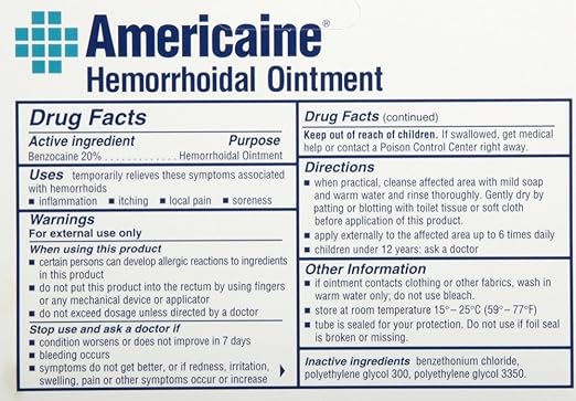 Americaine Hemorrhoidal Ointment Maximum Strength 20% Benzocaine 1 oz