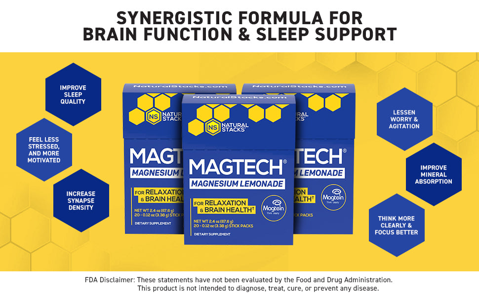 MagTech Magnesium Lemonade Drink Mix - Chelated Magnesium Complex - 3 Forms of Magnesium: Magtein Magnesium L-Threonate, Glycinate & Taurate, 20 Stick Packs