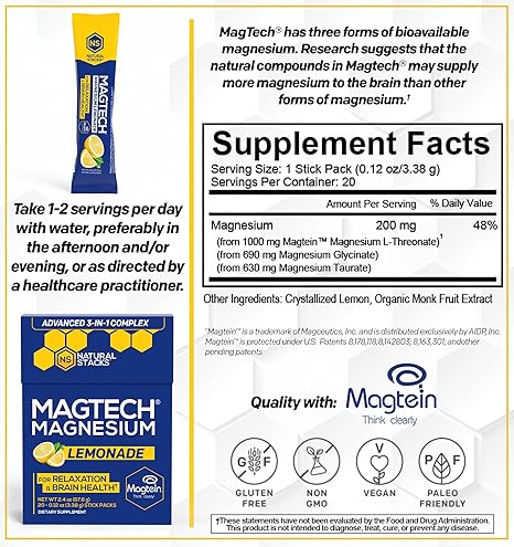 MagTech Magnesium Lemonade Drink Mix - Chelated Magnesium Complex - 3 Forms of Magnesium: Magtein Magnesium L-Threonate, Glycinate & Taurate, 20 Stick Packs