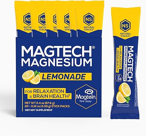 MagTech Magnesium Lemonade Drink Mix - Chelated Magnesium Complex - 3 Forms of Magnesium: Magtein Magnesium L-Threonate, Glycinate & Taurate, 20 Stick Packs