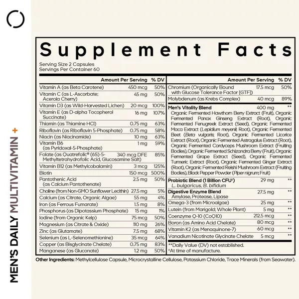 Codeage Men's Daily Multivitamin, 25+ Vitamins & Minerals, Probiotics, Digestive Enzymes - 120ct