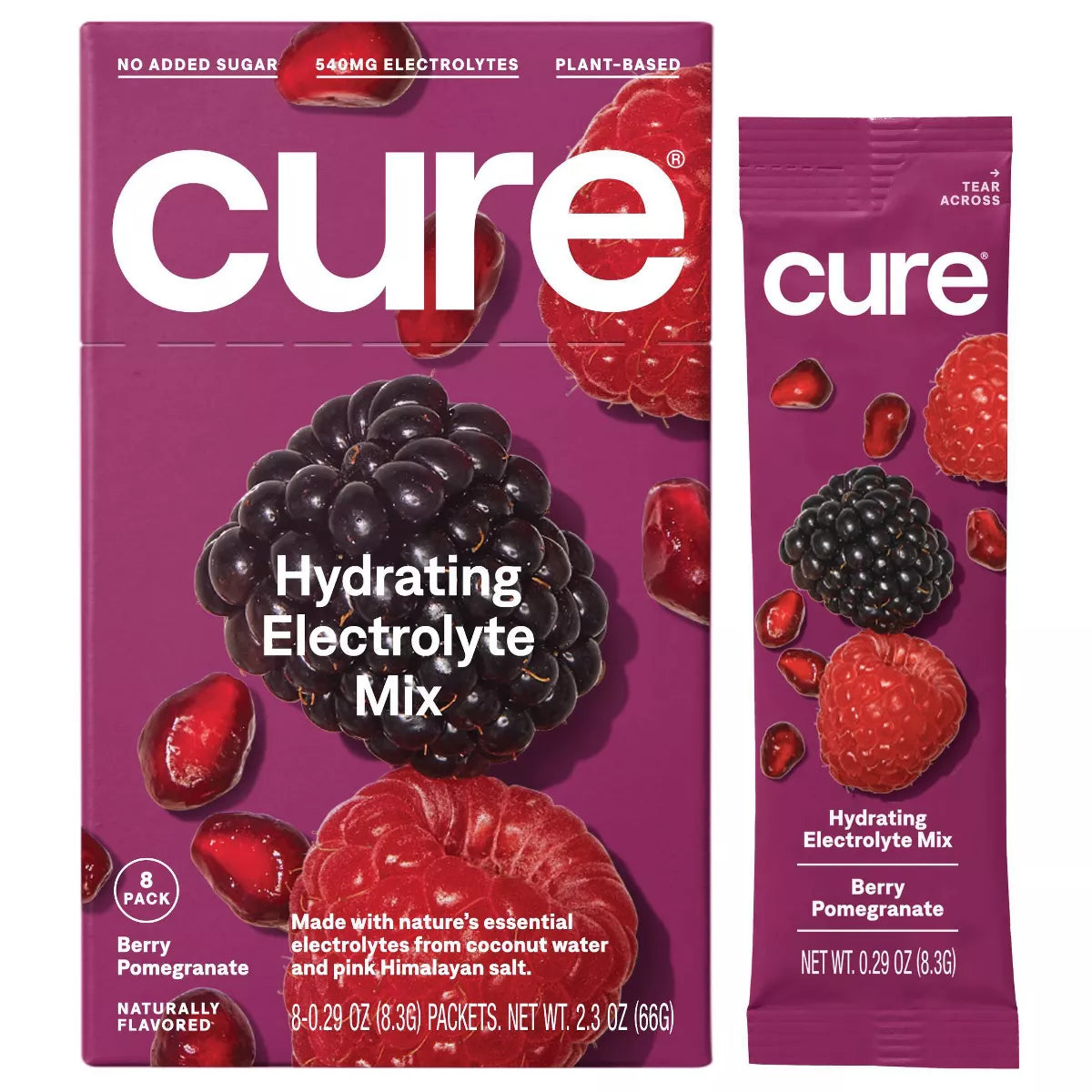 Cure Hydration Electrolyte Vegan Drink Mix Powder - Berry Pomegranate - 2.3oz/8pk