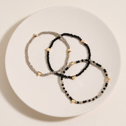 Glass Beaded Heart Stretch Bracelet Set | Gold Accent Stack: BK