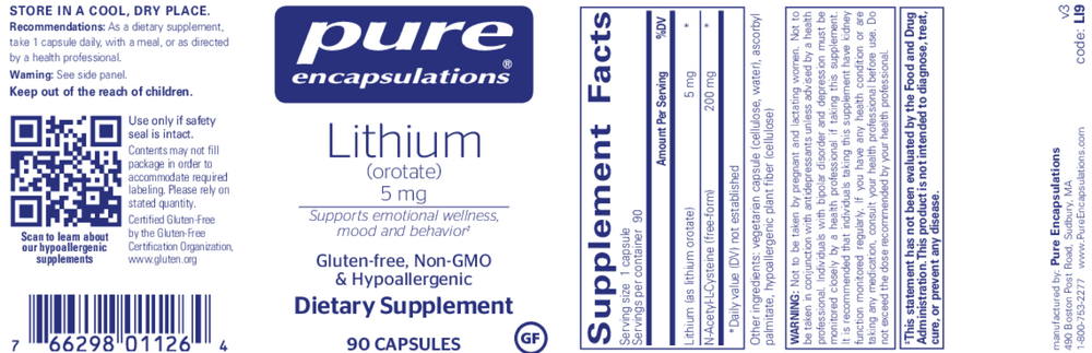 Pure Encapsulations Lithium (Orotate) 5mg