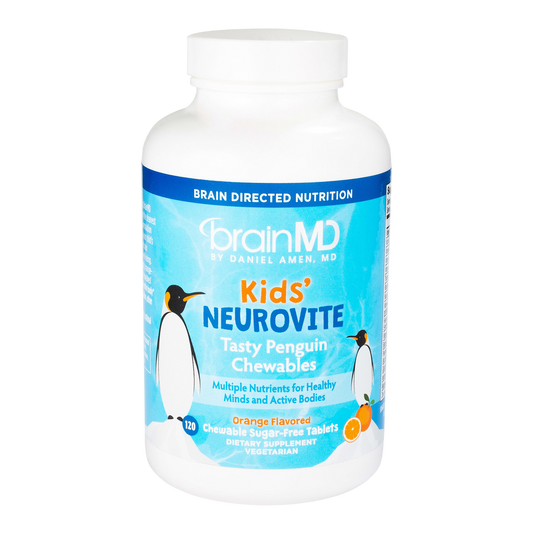 A white plastic bottle of brainMD Kids' Neurovite Tasty Penguin Chewables, orange flavored, featuring a blue and white label with penguin illustrations on a white background.
