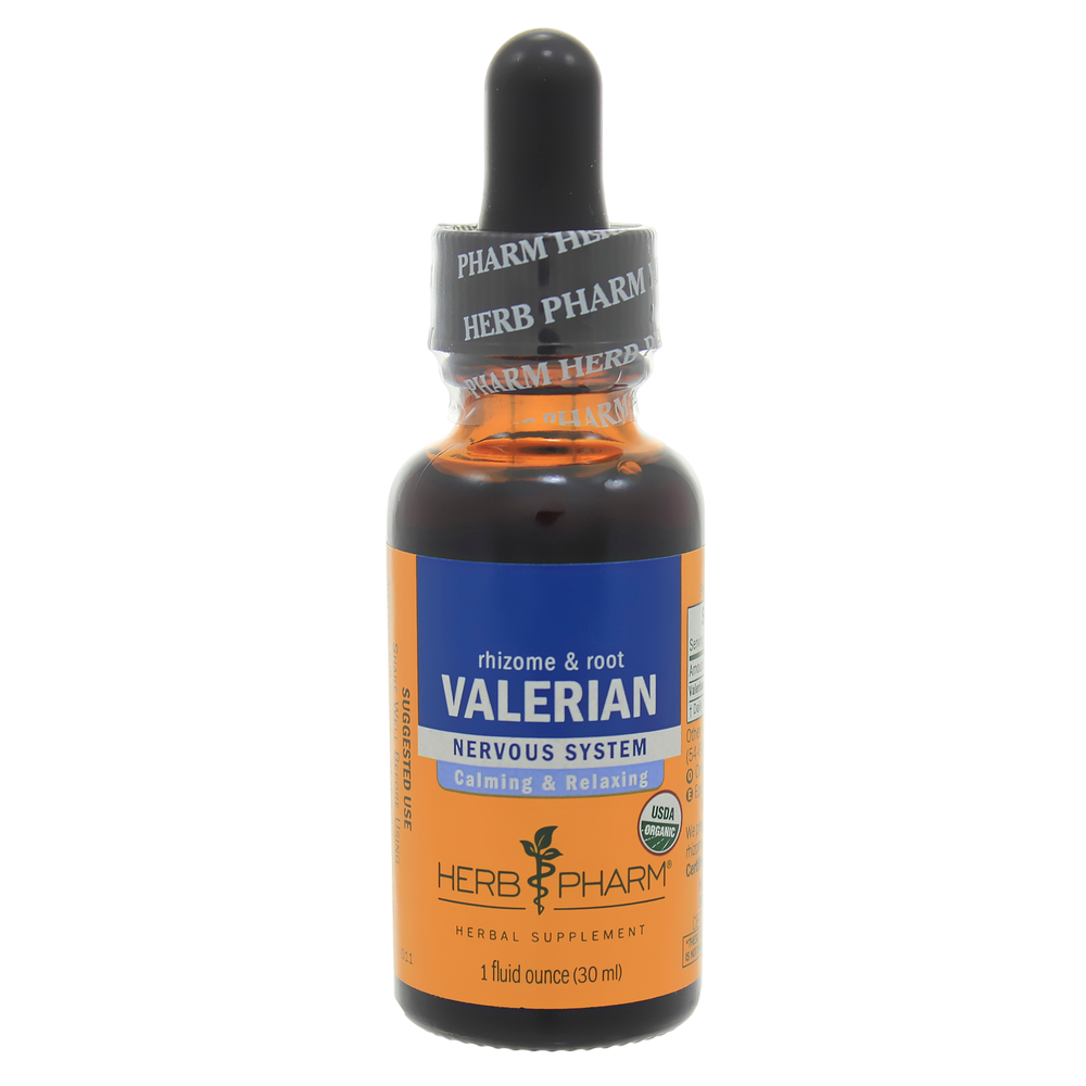 A 1 fluid ounce amber glass dropper bottle of Herb Pharm Valerian rhizome & root herbal supplement, featuring an orange and blue label with a black dropper cap.