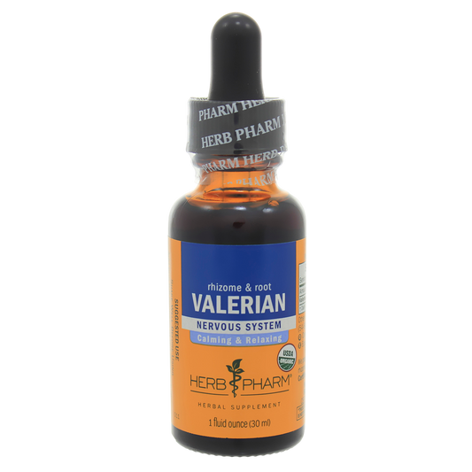 A 1 fluid ounce amber glass dropper bottle of Herb Pharm Valerian rhizome & root herbal supplement, featuring an orange and blue label with a black dropper cap.