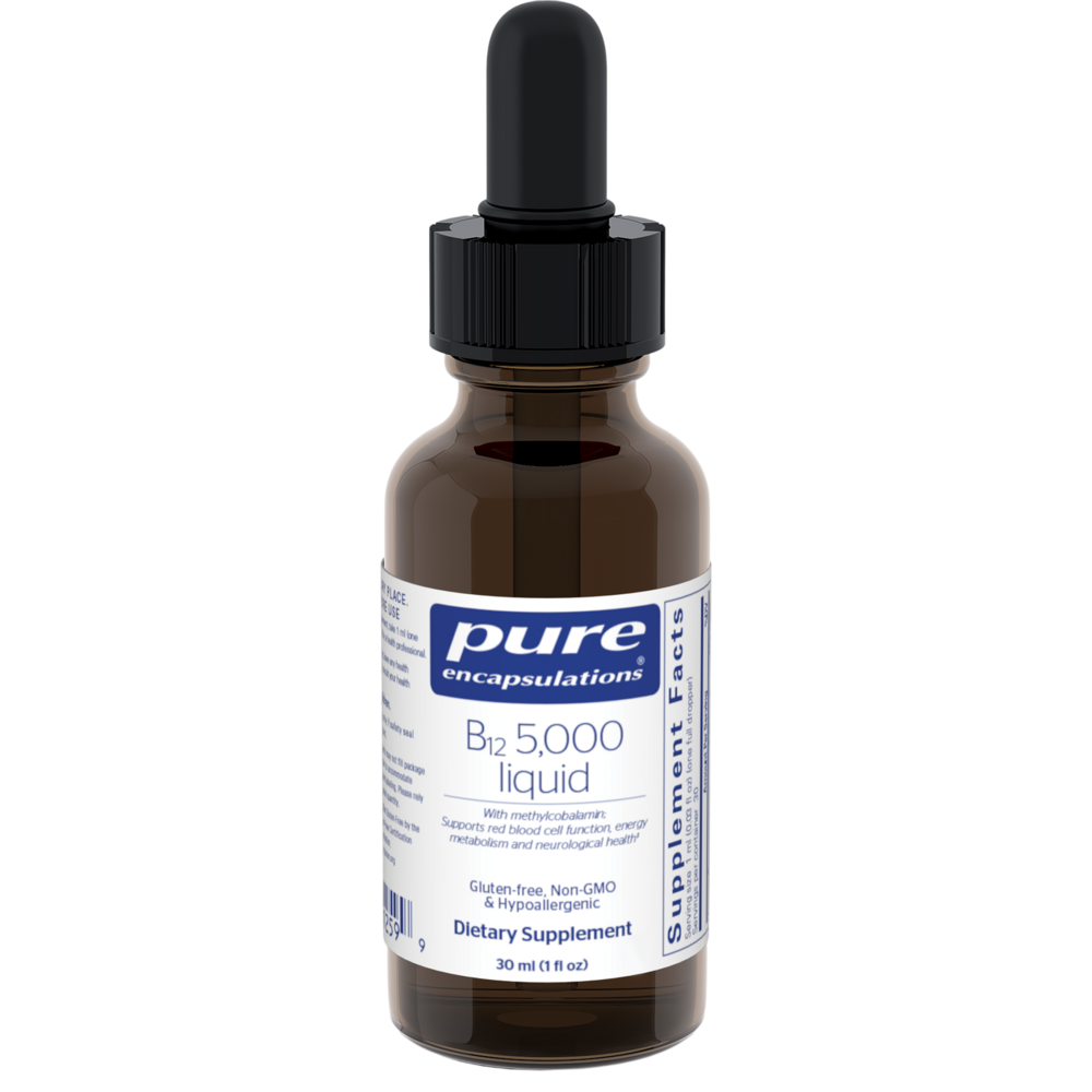 Brown glass bottle of b12 5,000 liquid with dropper labeled 'pure encapsulations' on a white background