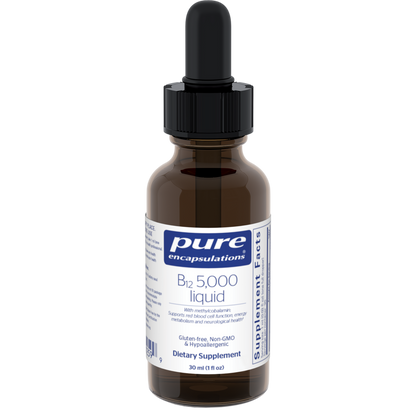 Brown glass bottle of b12 5,000 liquid with dropper labeled 'pure encapsulations' on a white background