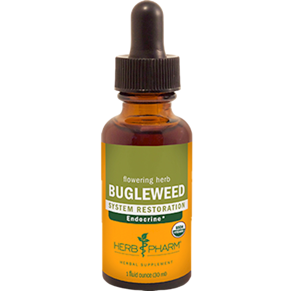 A 1 fluid ounce amber glass dropper bottle of Herb Pharm Bugleweed System Restoration Endocrine herbal supplement, featuring a green and orange label with a black dropper cap.