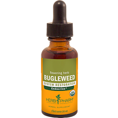 A 1 fluid ounce amber glass dropper bottle of Herb Pharm Bugleweed System Restoration Endocrine herbal supplement, featuring a green and orange label with a black dropper cap.