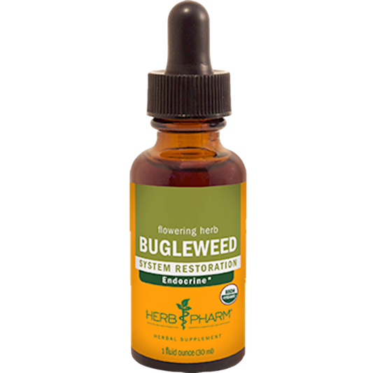 A 1 fluid ounce amber glass dropper bottle of Herb Pharm Bugleweed System Restoration Endocrine herbal supplement, featuring a green and orange label with a black dropper cap.