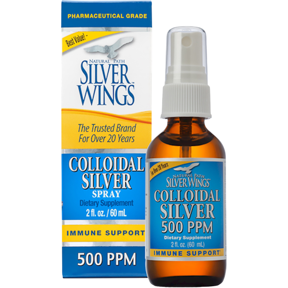 Natural Path Silver Wings Colloidal Silver Spray 500 PPM shown with its amber glass bottle and matching blue, white, and yellow retail box on a plain white background.