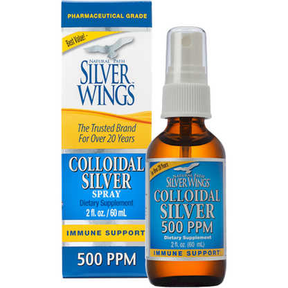 Natural Path Silver Wings Colloidal Silver Spray 500 PPM shown with its amber glass bottle and matching blue, white, and yellow retail box on a plain white background.
