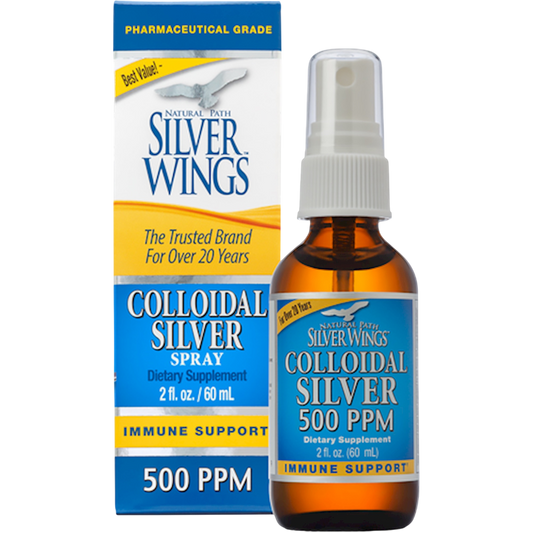 Natural Path Silver Wings Colloidal Silver Spray 500 PPM shown with its amber glass bottle and matching blue, white, and yellow retail box on a plain white background.