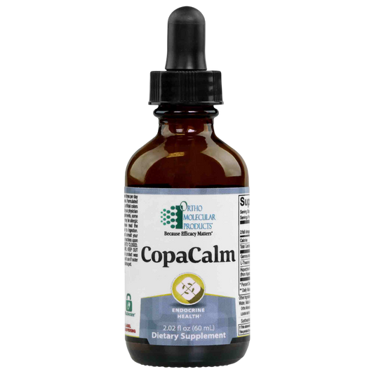 An amber glass dropper bottle of Ortho Molecular Products CopaCalm dietary supplement on a plain white background.