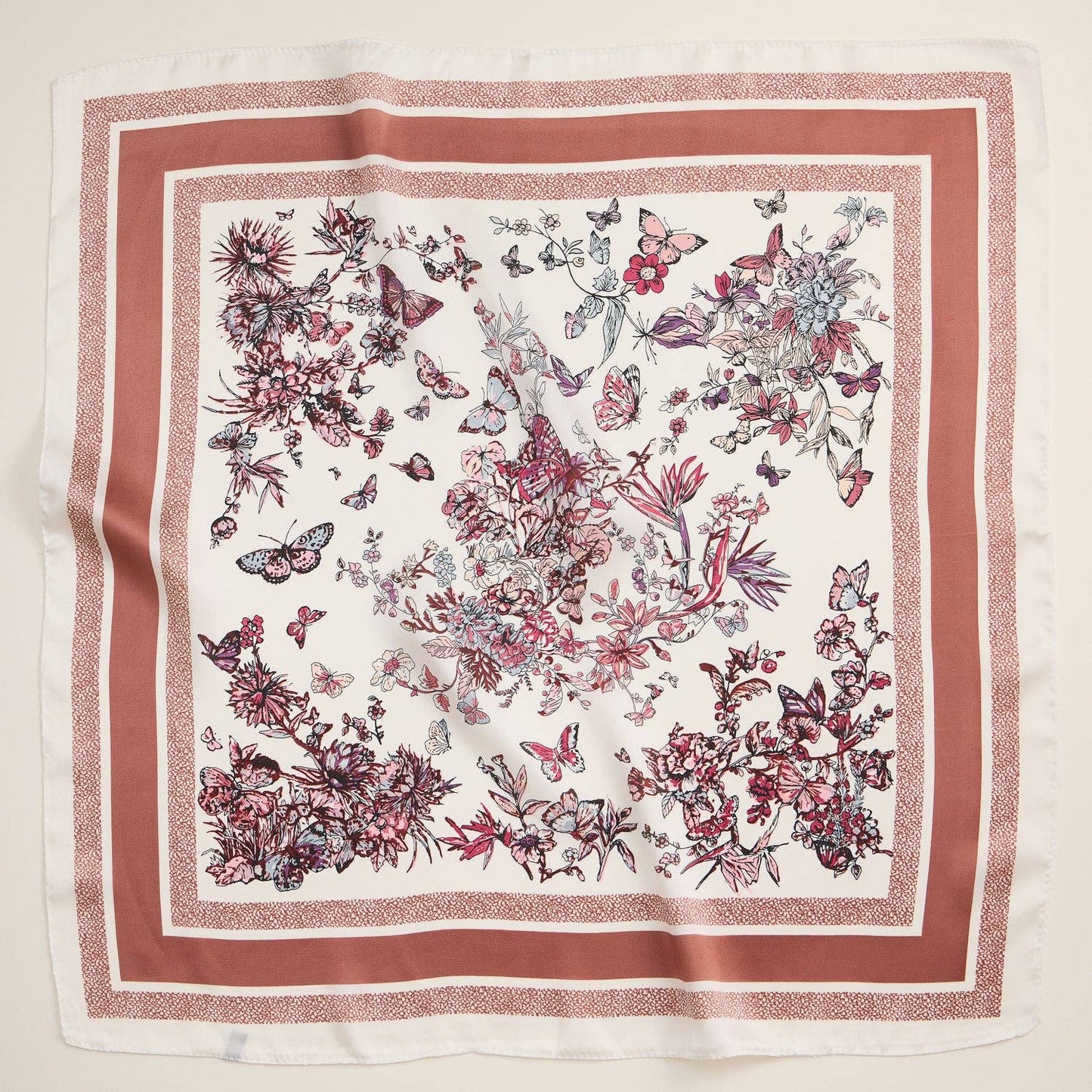Floral Butterfly Silk Texture Square Scarf: Rose / One / 5DR98064