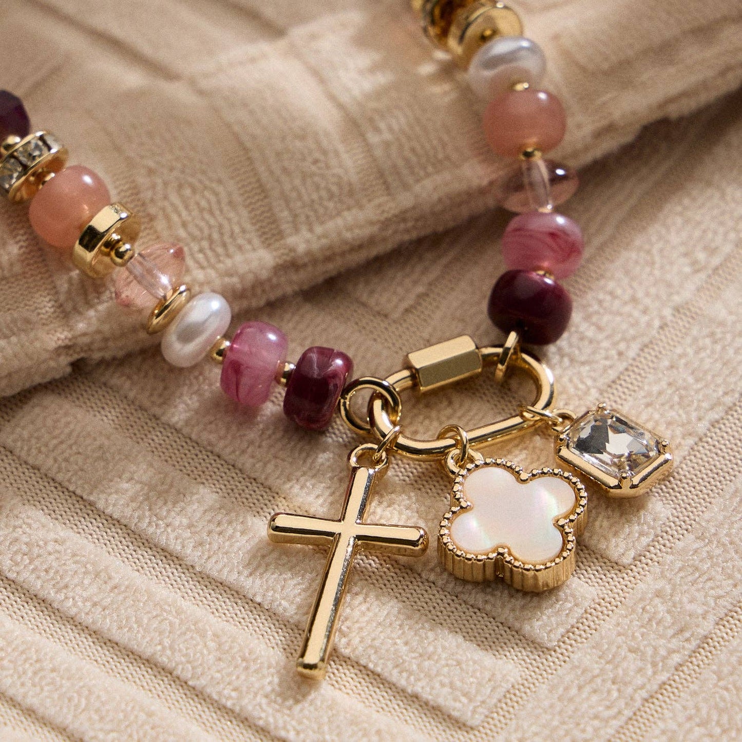 Vibrant Beaded Bracelet | Gold-Tone Trio Charms: BL / ONE