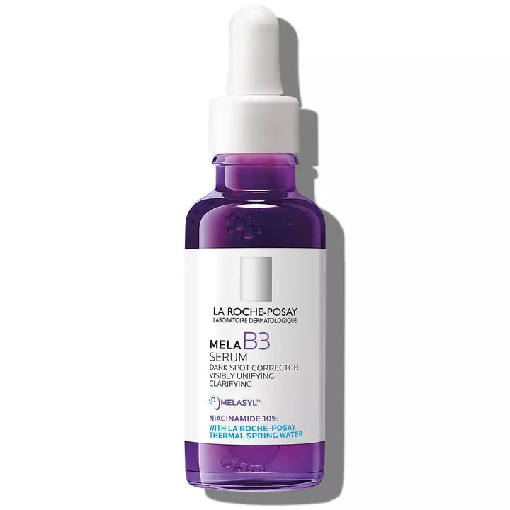 La Roche-Posay Mela B3 Serum with Niacinamide 10% in a purple glass dropper bottle with a white label and white dropper cap, shown on a white background with a soft shadow.