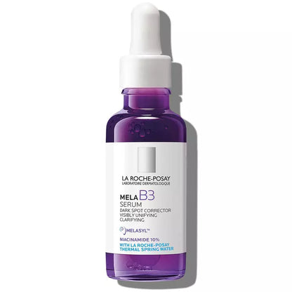 La Roche-Posay Mela B3 Serum with Niacinamide 10% in a purple glass dropper bottle with a white label and white dropper cap, shown on a white background with a soft shadow.