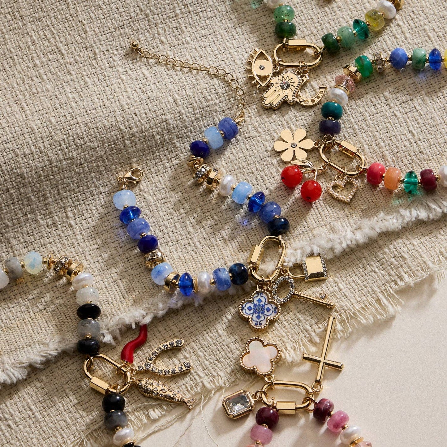 Vibrant Beaded Bracelet | Gold-Tone Trio Charms: BL / ONE