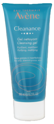 A 200 ml tube of Avene Clearance Cleansing Gel, featuring a bright teal-blue body with a white cap, set against a plain white background.
