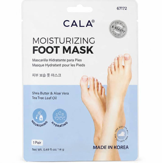 CALA Moisturizing Foot Mask in a white and light blue blister pack, featuring a photo of bare feet on the front and text detailing shea butter, aloe vera, tea tree leaf oil, and K-Beauty Certified.
