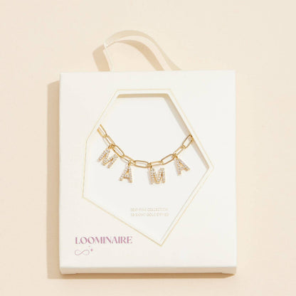 "MAMA" | 18K Gold Cubic Zirconia Charm Necklace: White Gold / One / 4DN18095