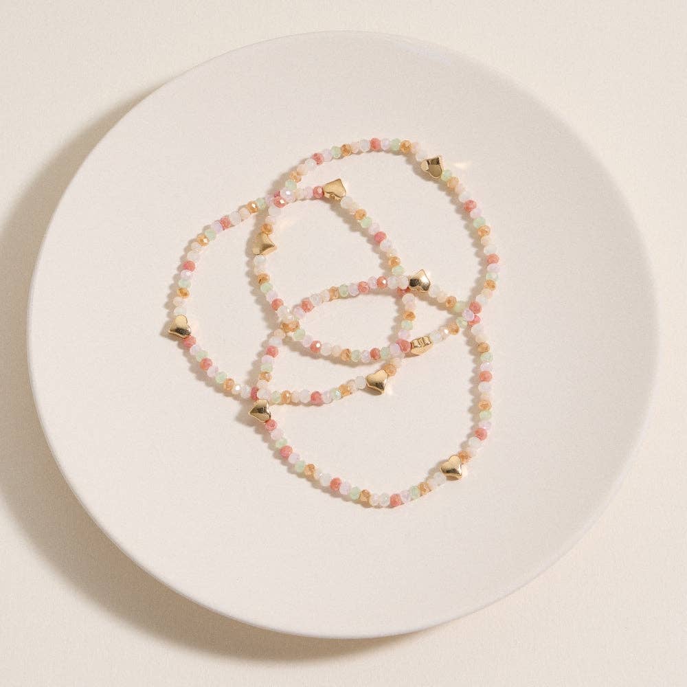 Glass Beaded Heart Stretch Bracelet Set | Gold Accent Stack: MT