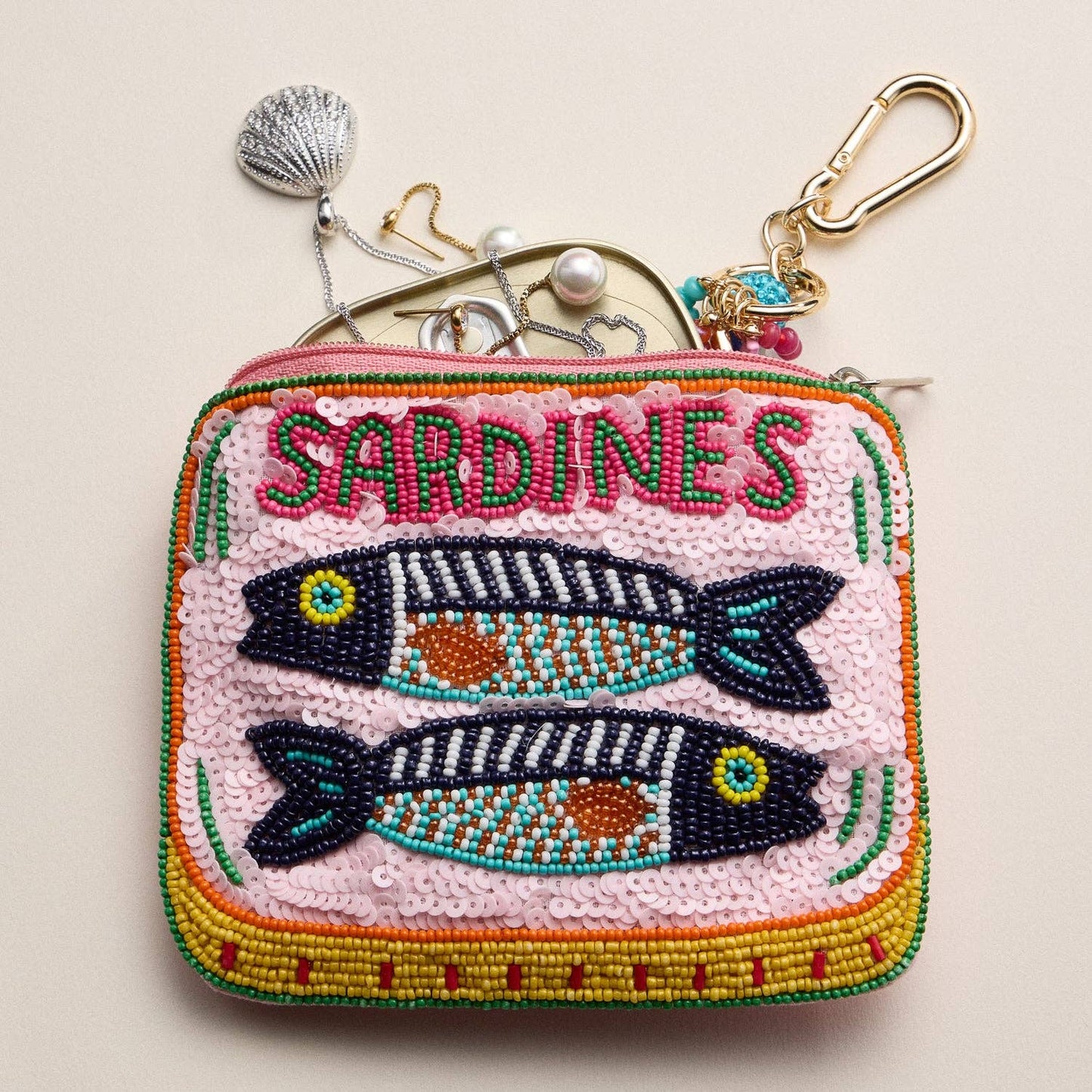 Beaded Sardine Tin Clutch | Pink Hand-Embroidered Sequin Zip Pouch: MT / ONE