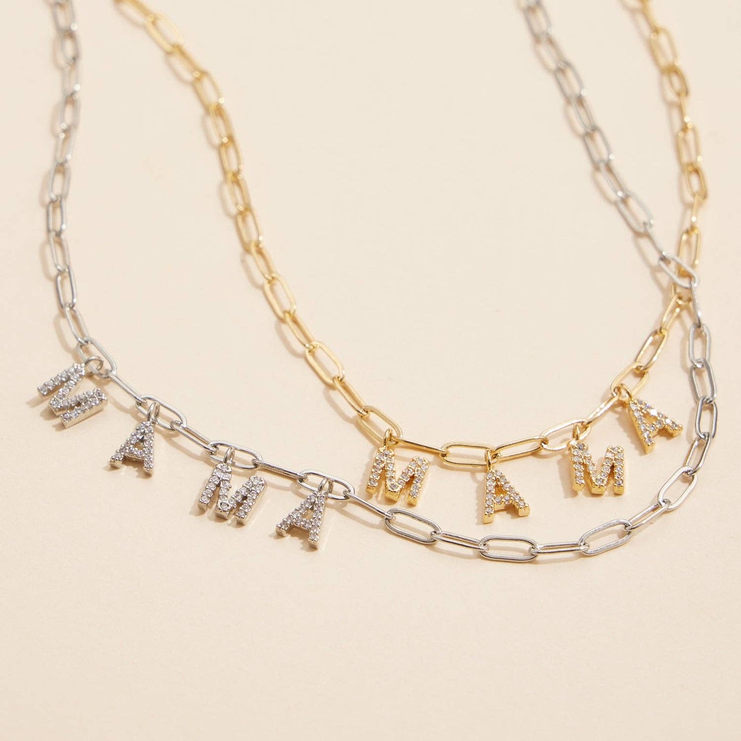 "MAMA" | 18K Gold Cubic Zirconia Charm Necklace: White Gold / One / 4DN18095