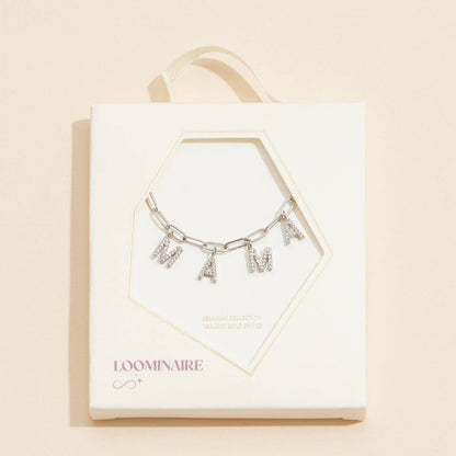 "MAMA" | 18K Gold Cubic Zirconia Charm Necklace: White Gold / One / 4DN18095