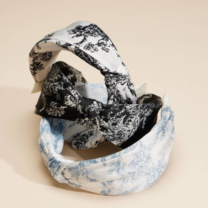 Elegant Vintage Print Knotted Headband Set: Black / One / 4EH87017