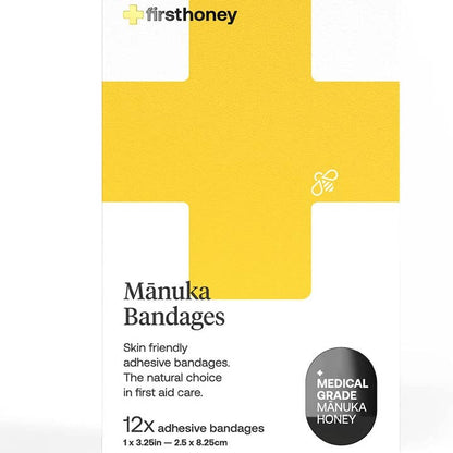 First Honey Manuka Honey Adhesive Bandages 12 Pack | Latex Free, Antibiotic Free Wound Dressing | Medical Grade Honey Adhesive Pads | First Aid Care Burns, Cuts, Scrapes, Wounds, Lacerations