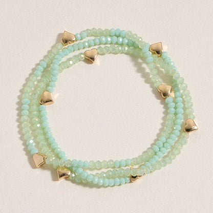 Glass Beaded Heart Stretch Bracelet Set | Gold Accent Stack: BK