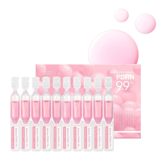 Set of pink skincare serum bottles of salmon pdrn with packaging on a white background