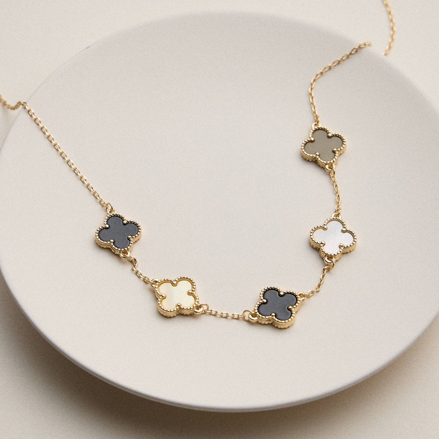 Gold Chain Necklace with Shell Inlay Charms: Black Multi