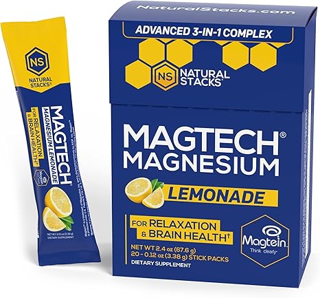 MagTech Magnesium Lemonade Drink Mix - Chelated Magnesium Complex - 3 Forms of Magnesium: Magtein Magnesium L-Threonate, Glycinate & Taurate, 20 Stick Packs