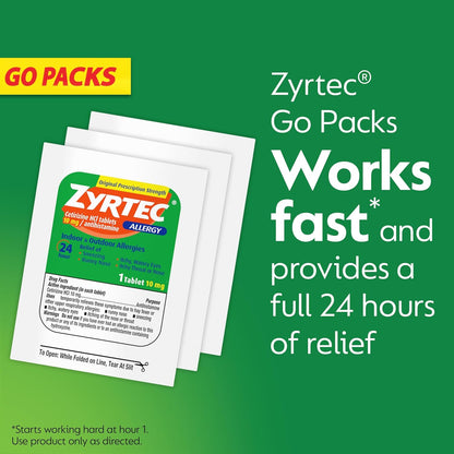 Zyrtec 24 Hour Allergy Relief Tablets, On-The-Go Relief, Individual Travel Pouches, 14 ct