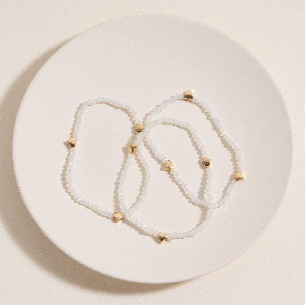 Glass Beaded Heart Stretch Bracelet Set | Gold Accent Stack: BK