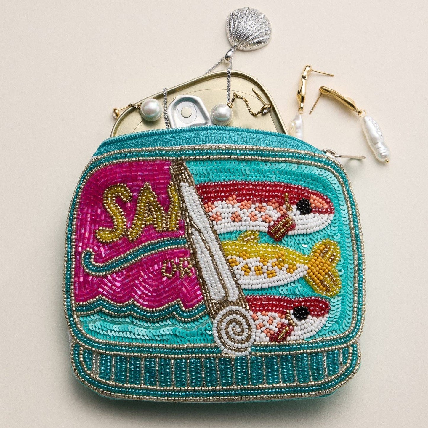 Beaded Sardine Can Clutch | Hand-Embroidered Sequin Zip Pouch: MT / ONE