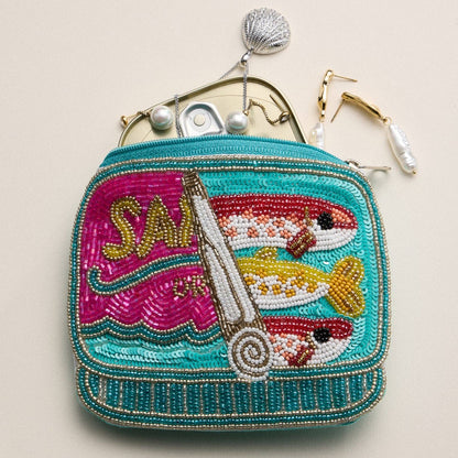Beaded Sardine Can Clutch | Hand-Embroidered Sequin Zip Pouch: MT / ONE