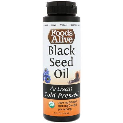 Bottle of Foods Alive Black Seed Oil on a white background