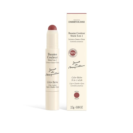 Embryolisse Color Balm Stick in 'Sweet of Madagascar' on a clean white background, shown next to its cream-colored packaging box.