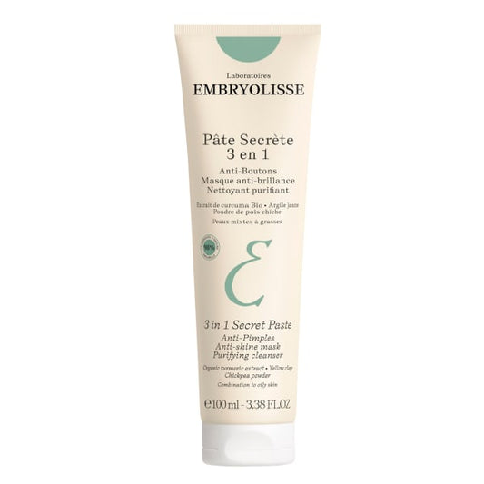 A 100ml squeeze tube of EMBRYOLISSE 3 in 1 Secret Paste skincare product, featuring a cream-colored tube with green accents and black text, set against a plain white background.