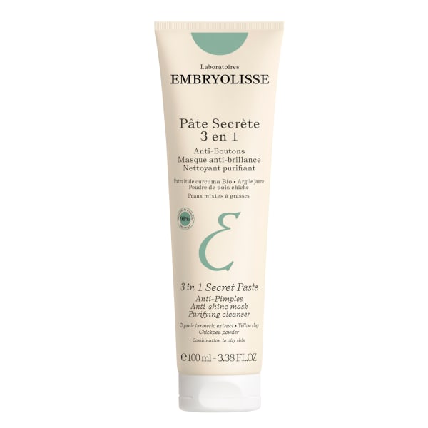 A 100ml squeeze tube of EMBRYOLISSE 3 in 1 Secret Paste skincare product, featuring a cream-colored tube with green accents and black text, set against a plain white background.