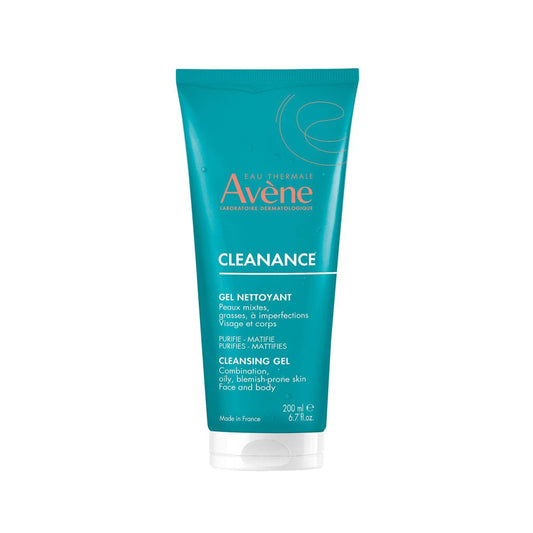 A tube of Avene 200 ml Cleanance Cleansing Gel in a teal blue-green color, with white and orange text, on a solid white background.